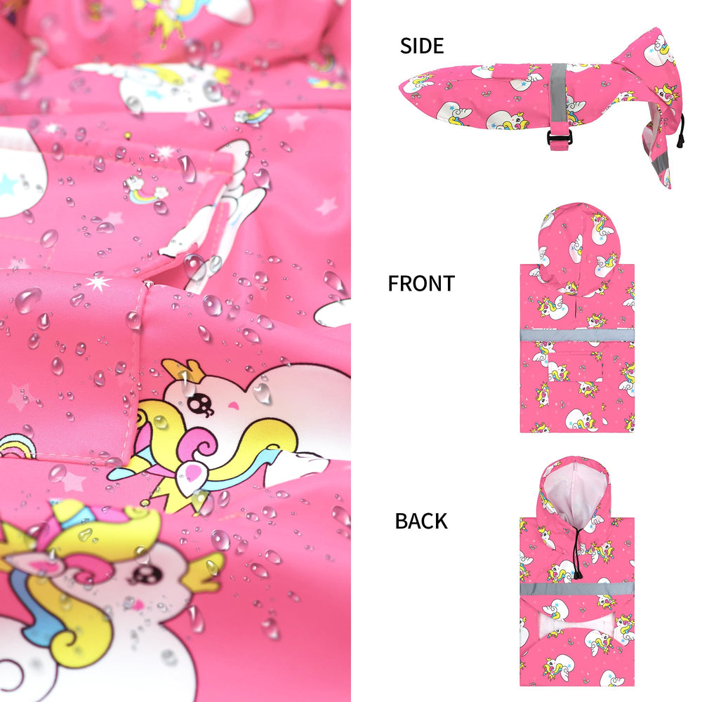 NACOCO large dog raincoat pink unicorn hood close-up highlights breathable fabric.