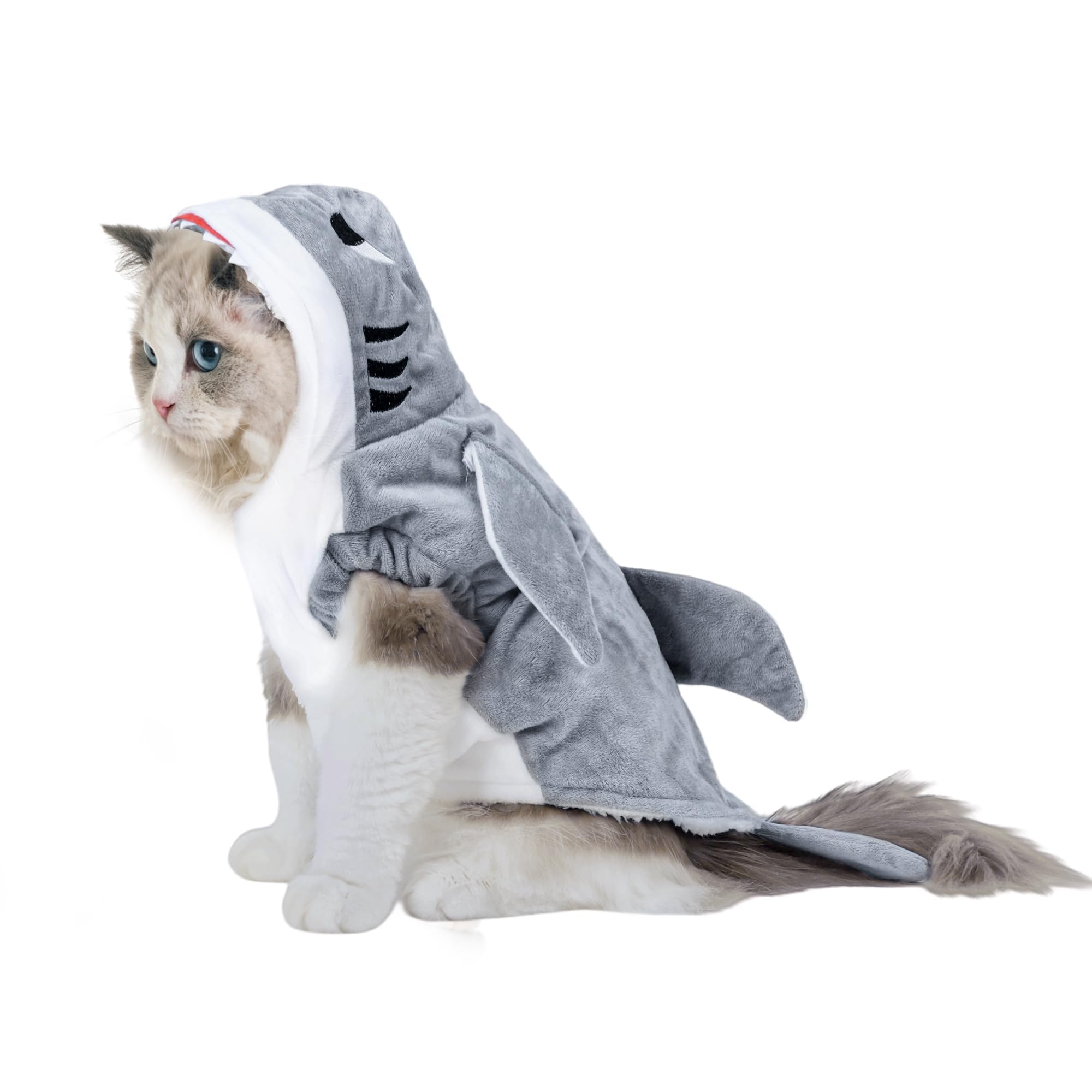 NACOCO shark costume on a grey dog hoodie, cozy warmth for autumn walks.