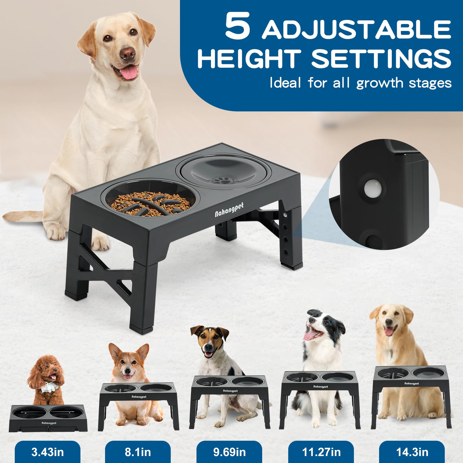 NAHANGPET 5-height adjustable stand demonstrated for versatile sizing.