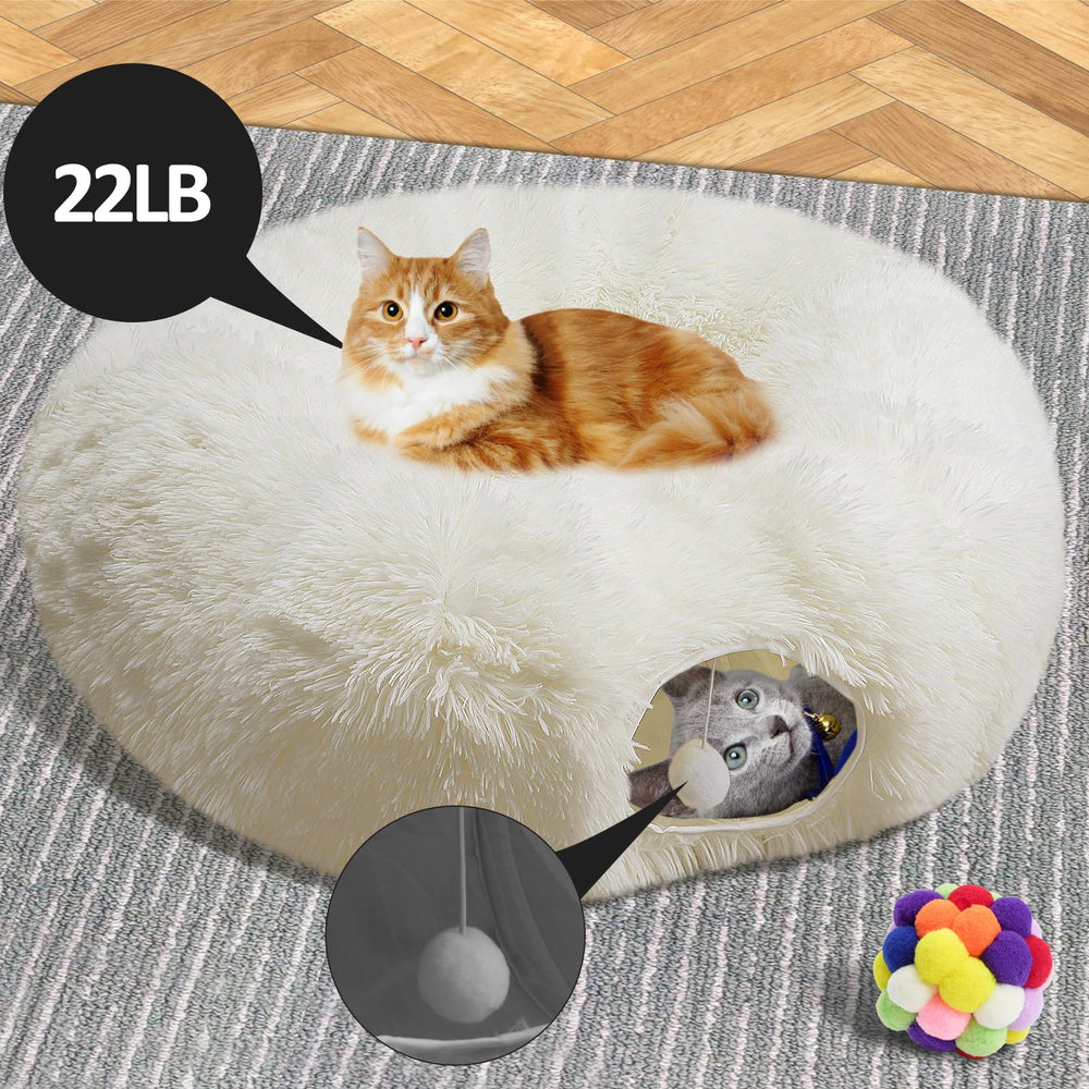 Naielfopet white fluffy cat-donut-bed offers soft crinkle lining for nap-ready comfort.