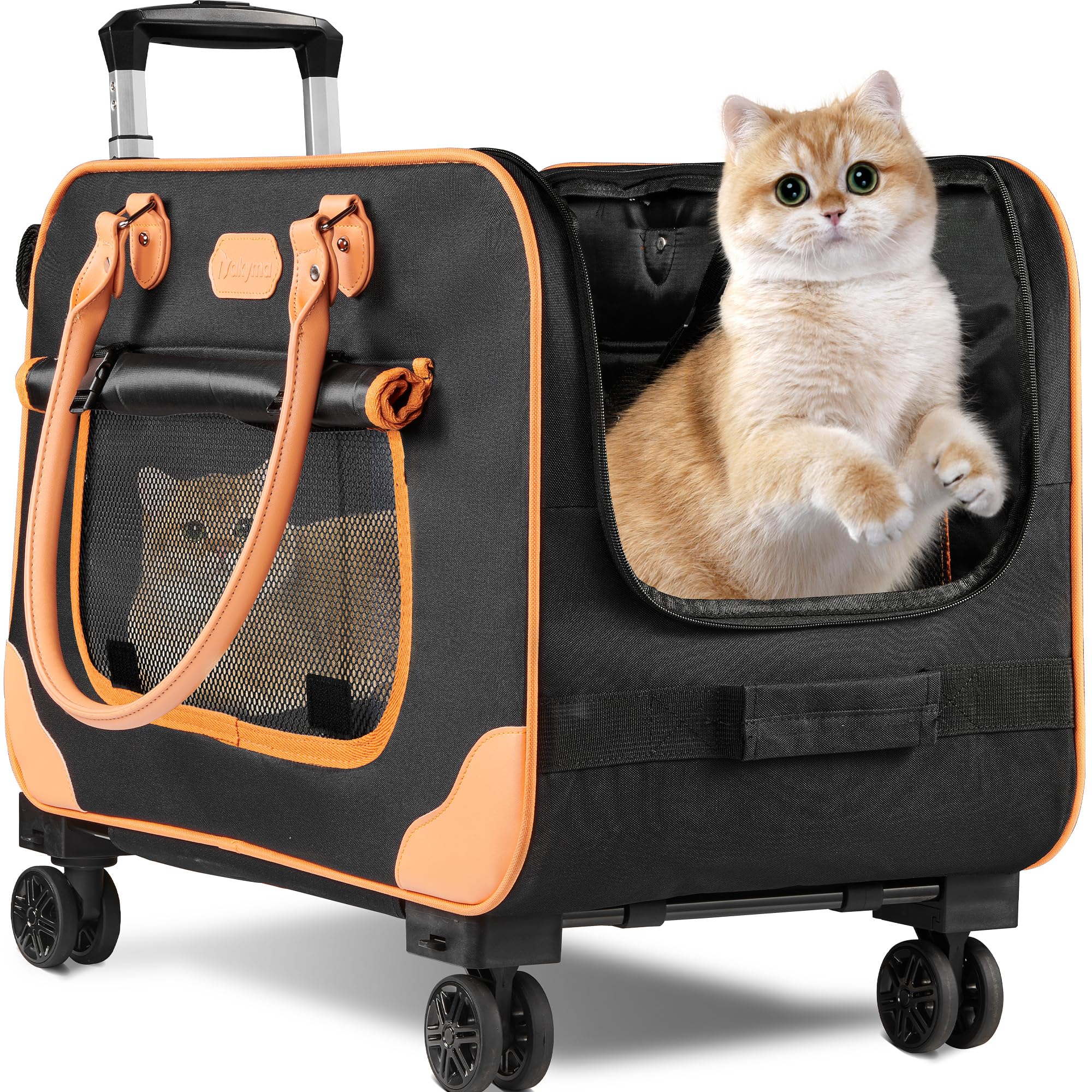 Nakyma large cat carrier with wheels side view showing spacious interior and wheels for travel