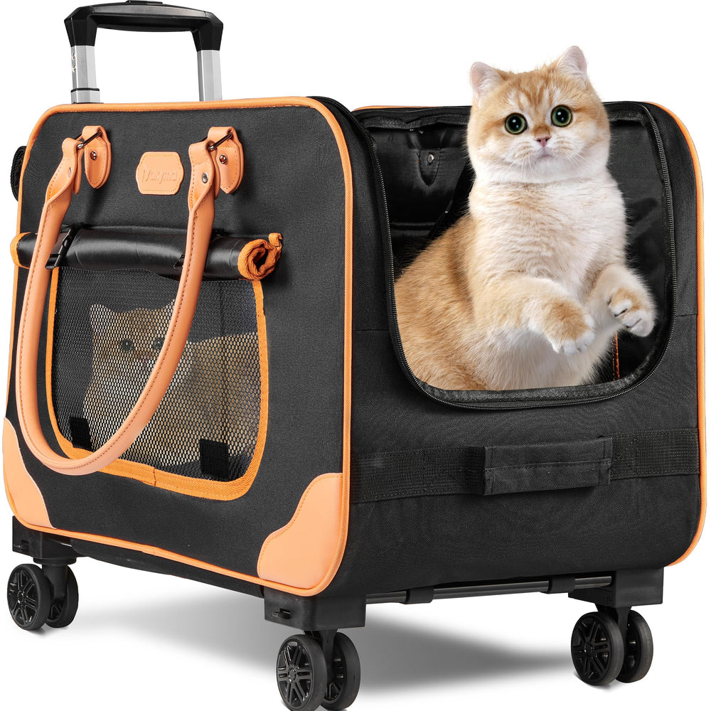 Nakyma large cat carrier with wheels side view showing spacious interior and wheels for travel