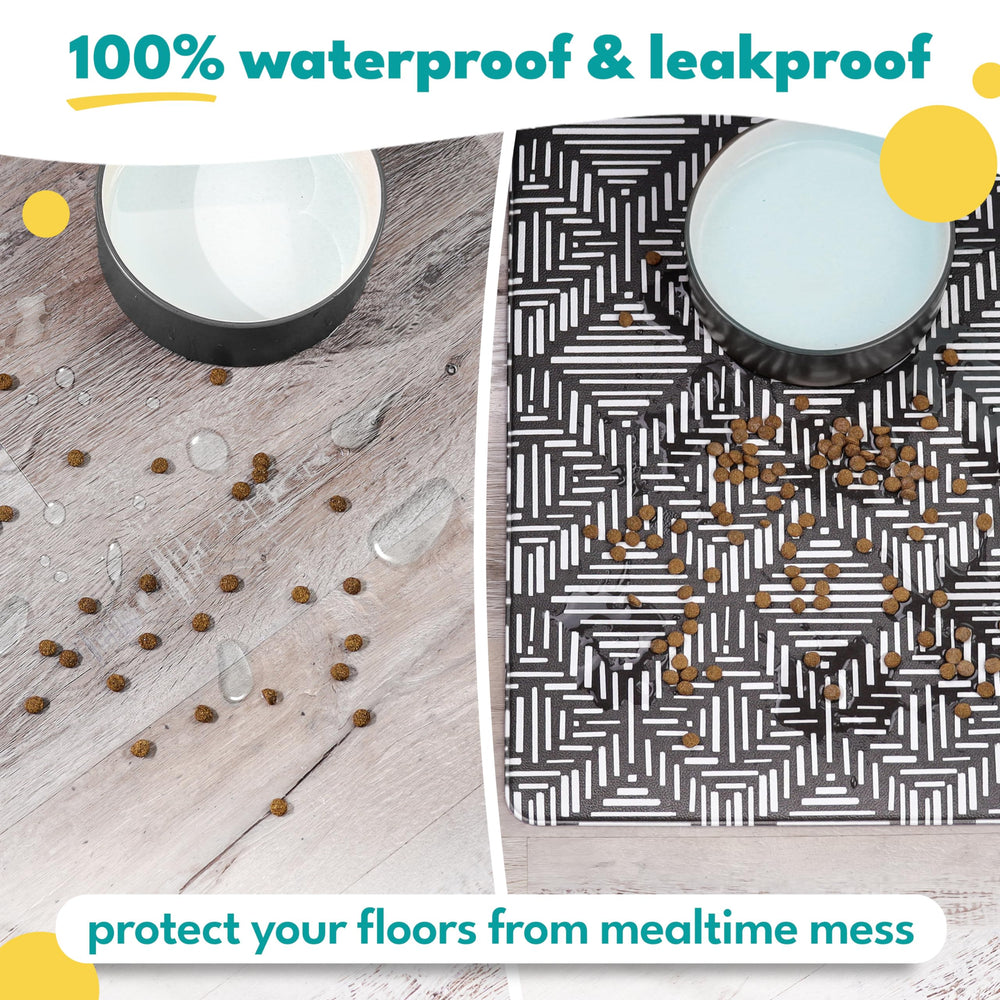 Nalalas large dog mat with water dishes stays stable to prevent messes.