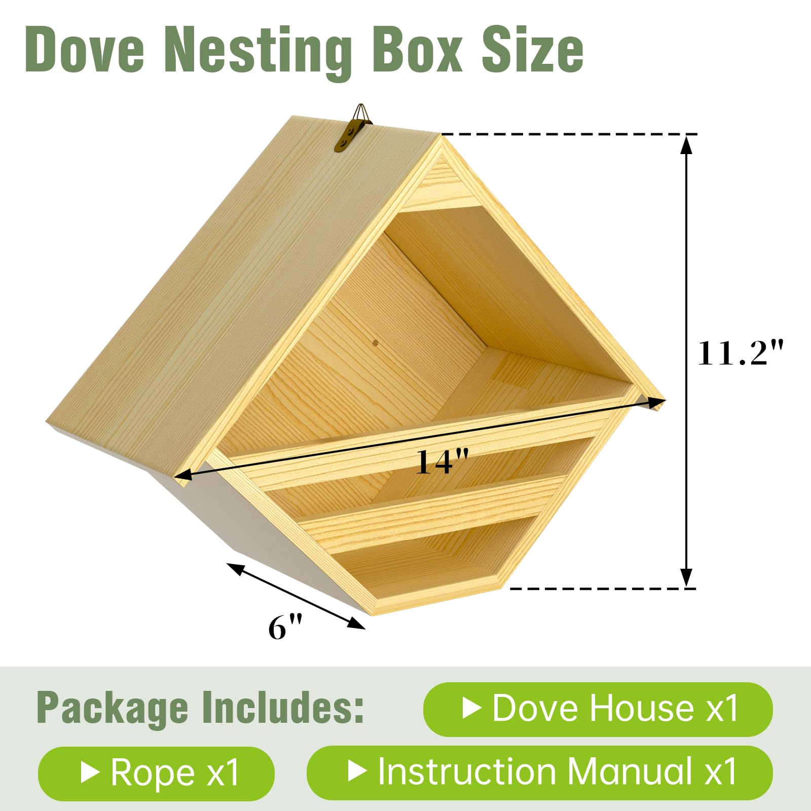 Nalwort Dove Nesting Box with hanging rope shows versatile mounting for branches or walls.