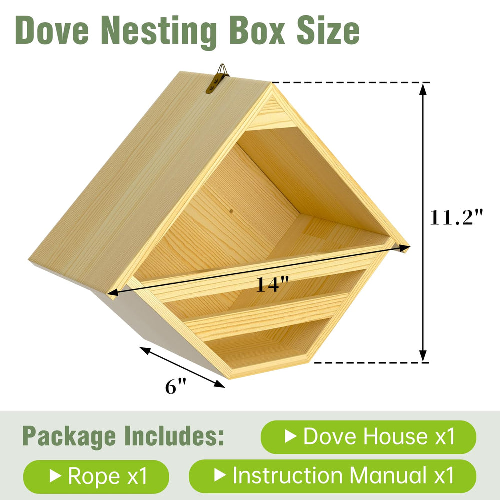 Nalwort Dove Nesting Box with hanging rope shows versatile mounting for branches or walls.