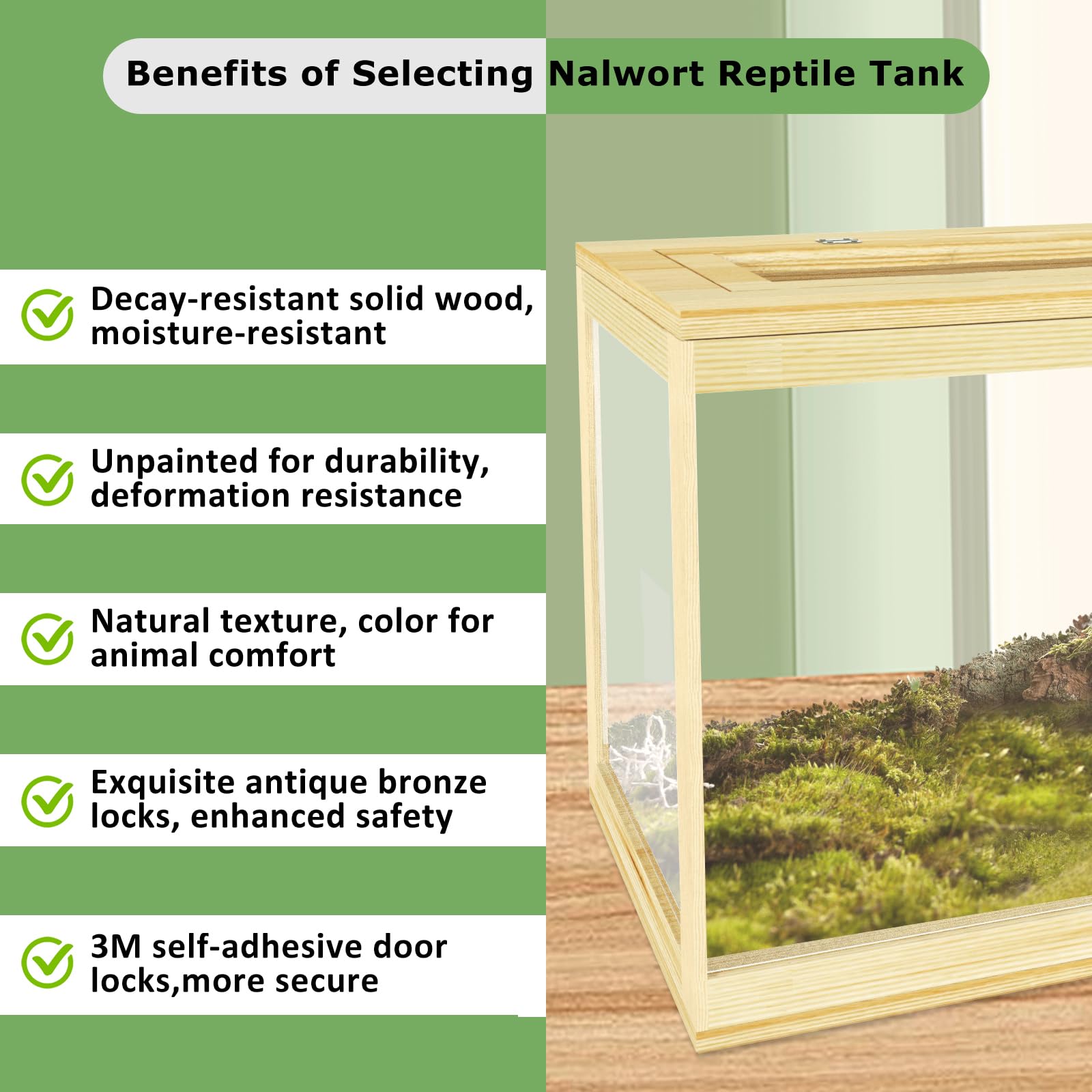Nalwort reptile terrarium 28-gallon front opening with dual safety locks supports safe handling
