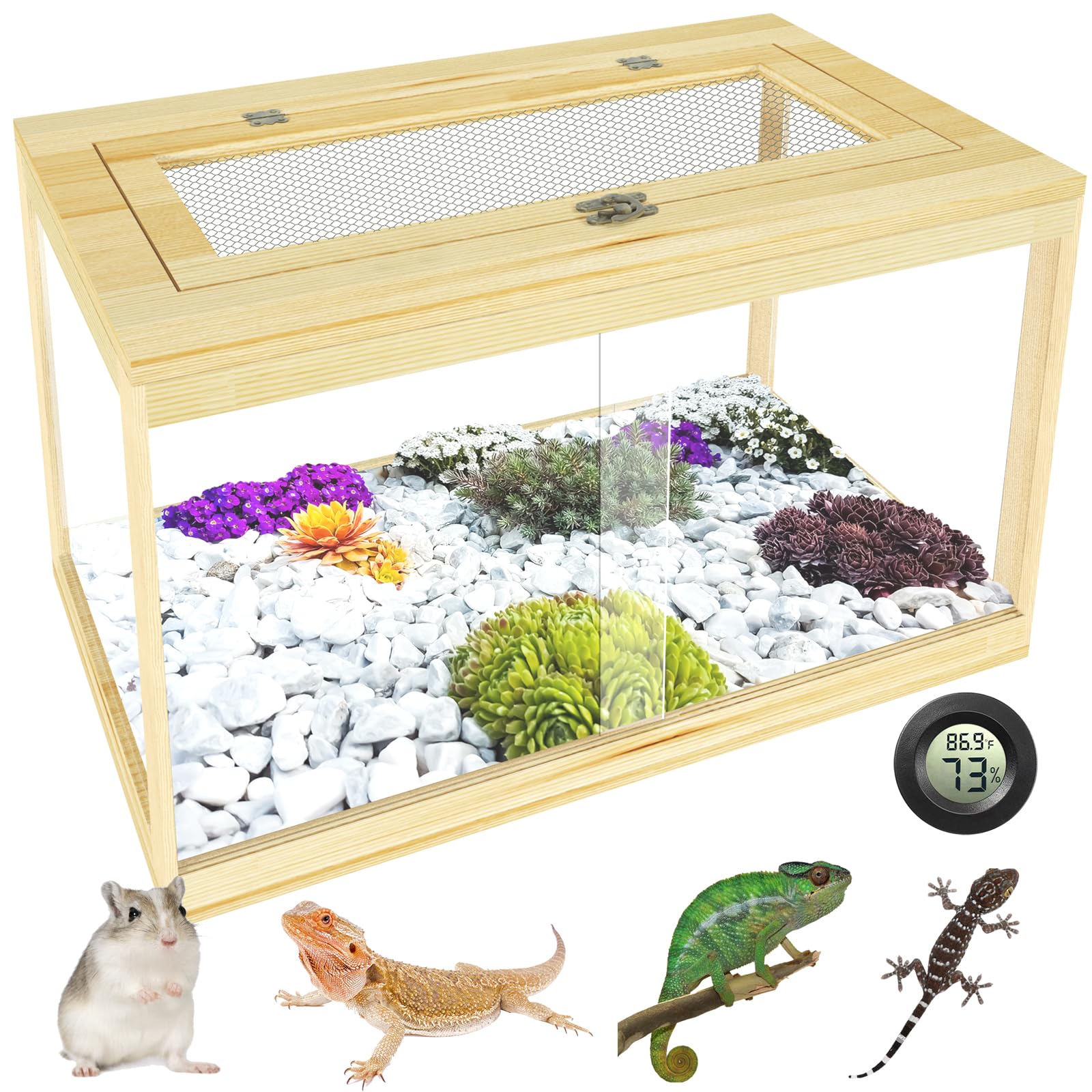 Nalwort reptile terrarium 28-gallon front opening shows sturdy wood frame for easy handling