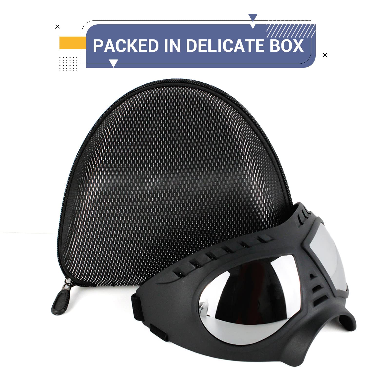 NAMSAN dog goggles prevent droplets and debris during car rides.