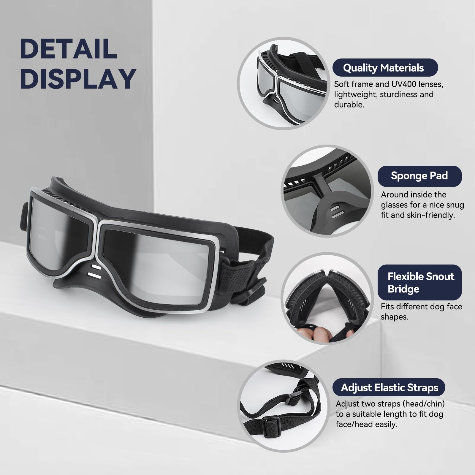 NAMSAN dog goggles inner sponge pad cushions eyes and reduces irritation.