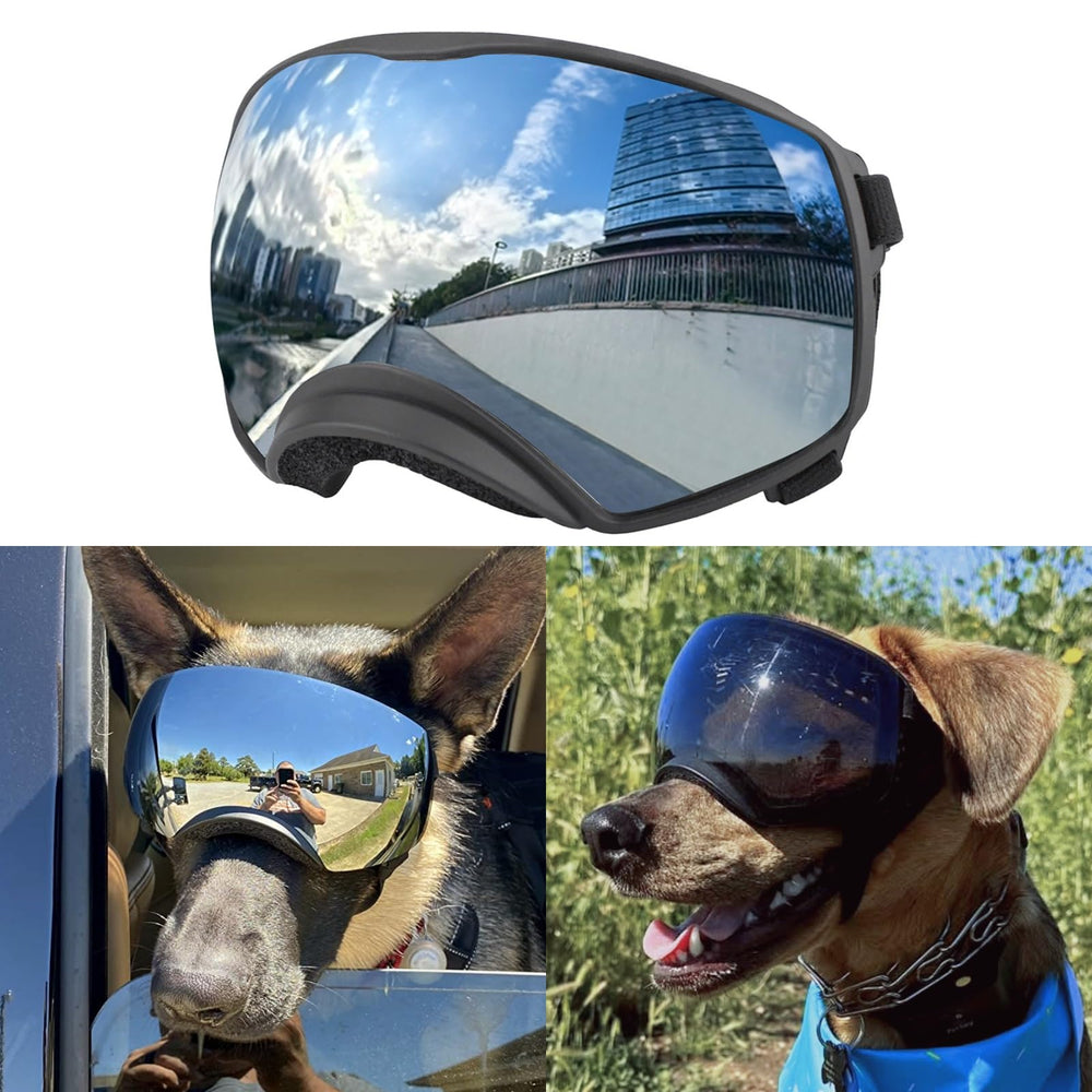 NAMSAN dog goggles with interchangeable lenses for versatile lighting conditions and UV protection.