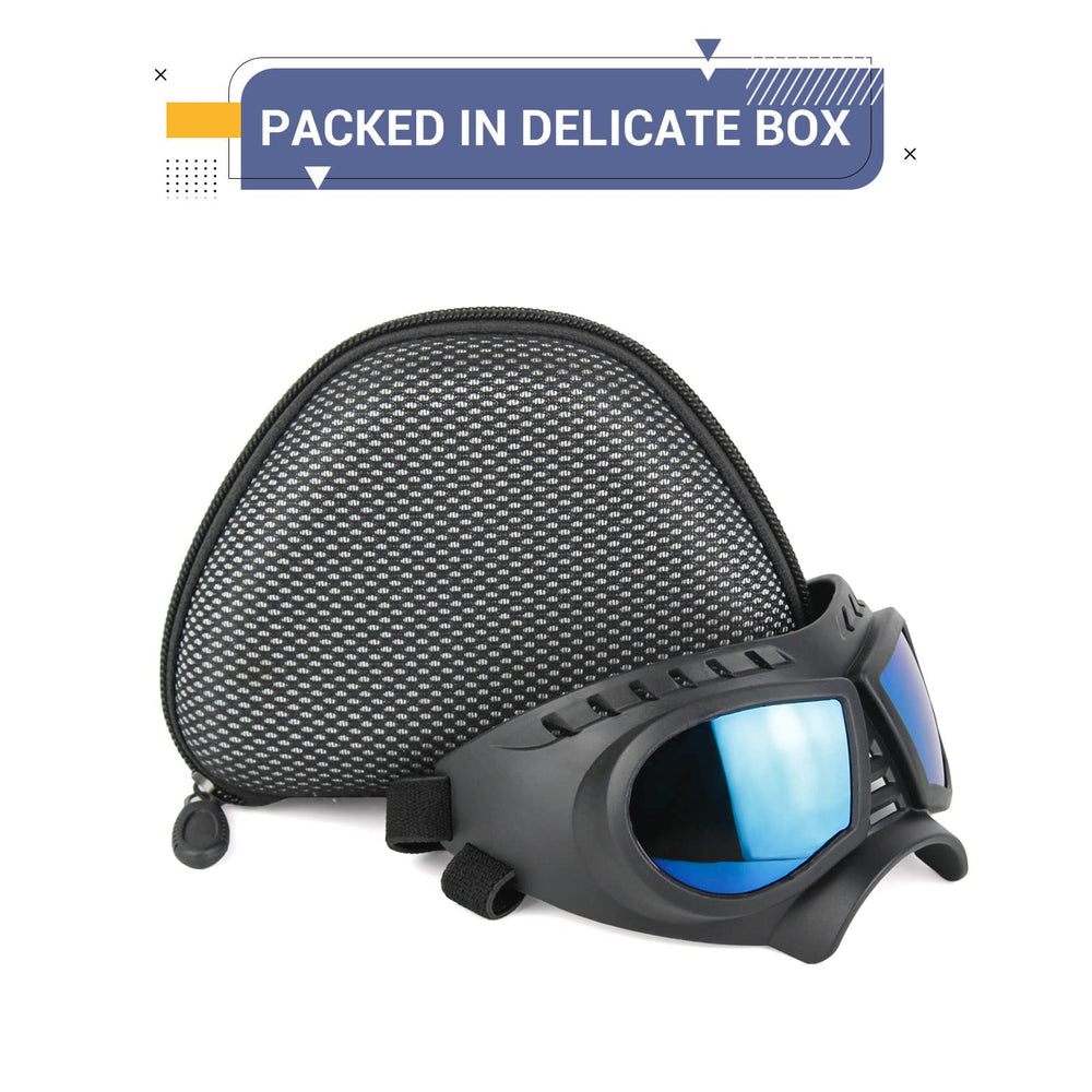 NAMSAN dog goggles protect eyes from droplets and debris during outdoor activities in a car window