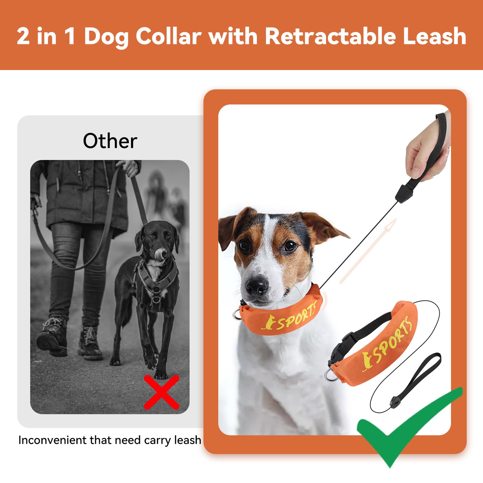 NAMSAN retractable leash collar orange ID-tag D-ring detail