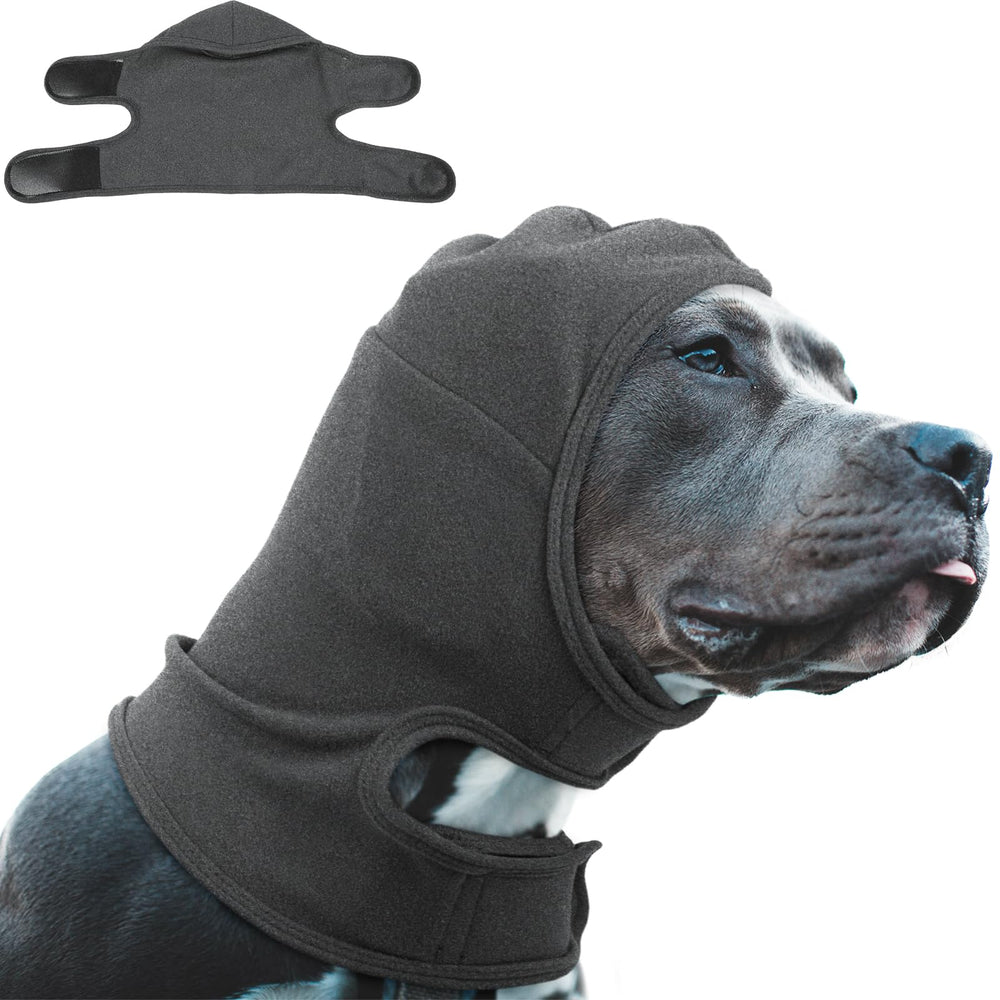 Nanaki Calming Hoodie ear-wraps fireworks-use closeup portrays relaxed pets during celebrations.