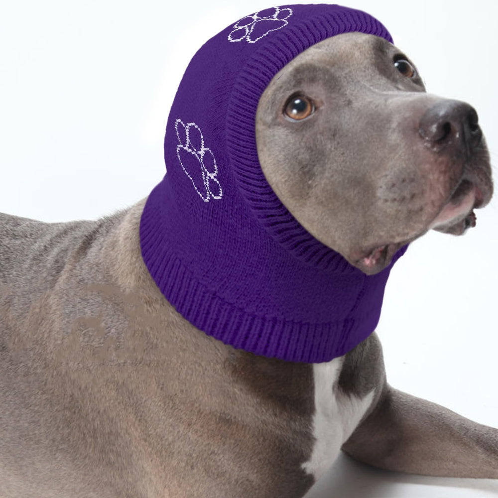 Nanaki dog calming hoodie ear wrap worn on a dog for soothing noise relief.