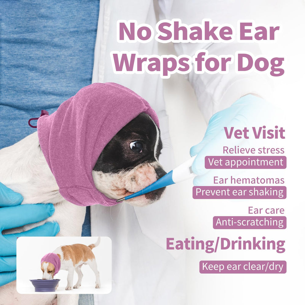 Nanaki dog head cover used during grooming session to reduce noise during drying.