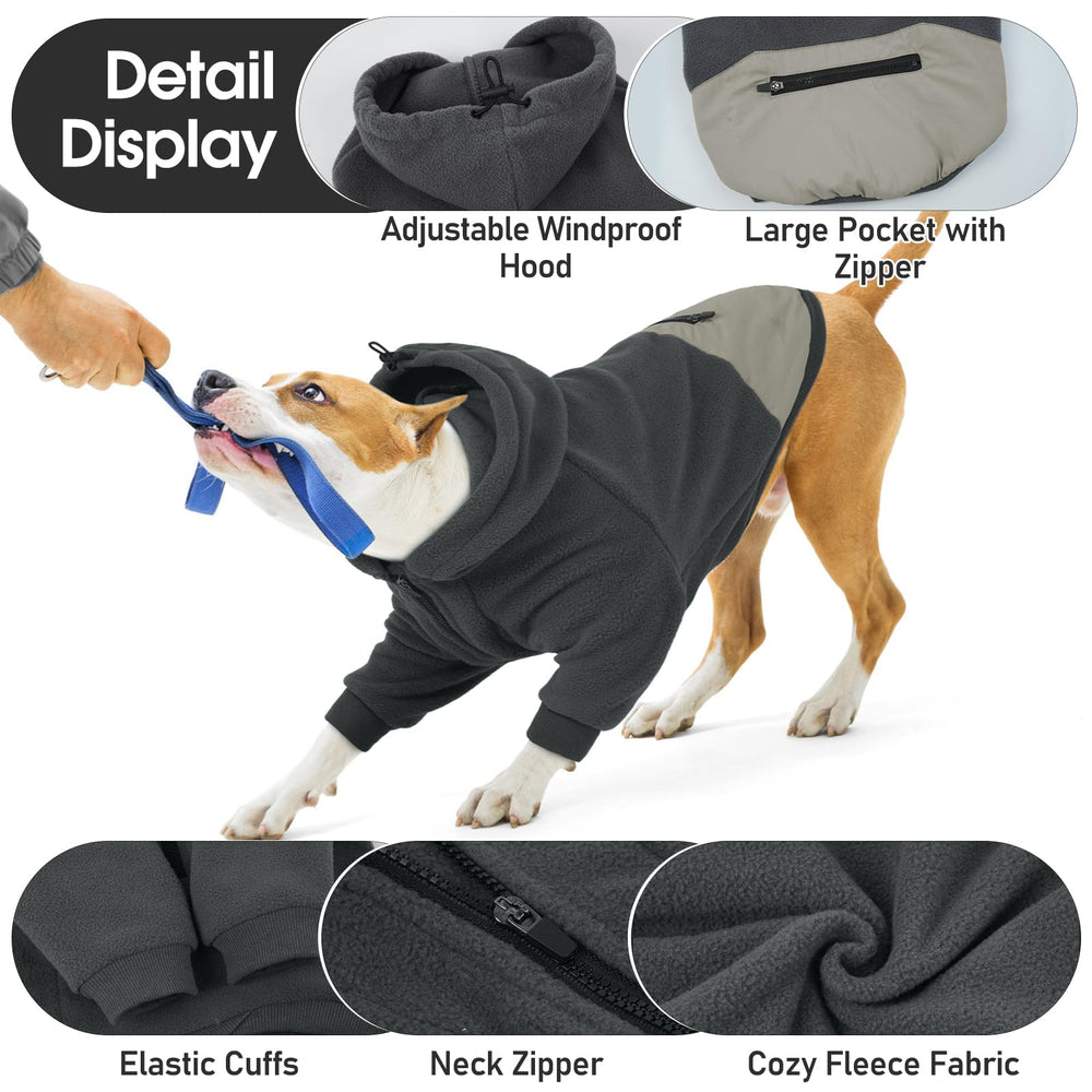 Nanaki dog hoodie indoor-outdoor wear scene shows versatile chilly-day protection.