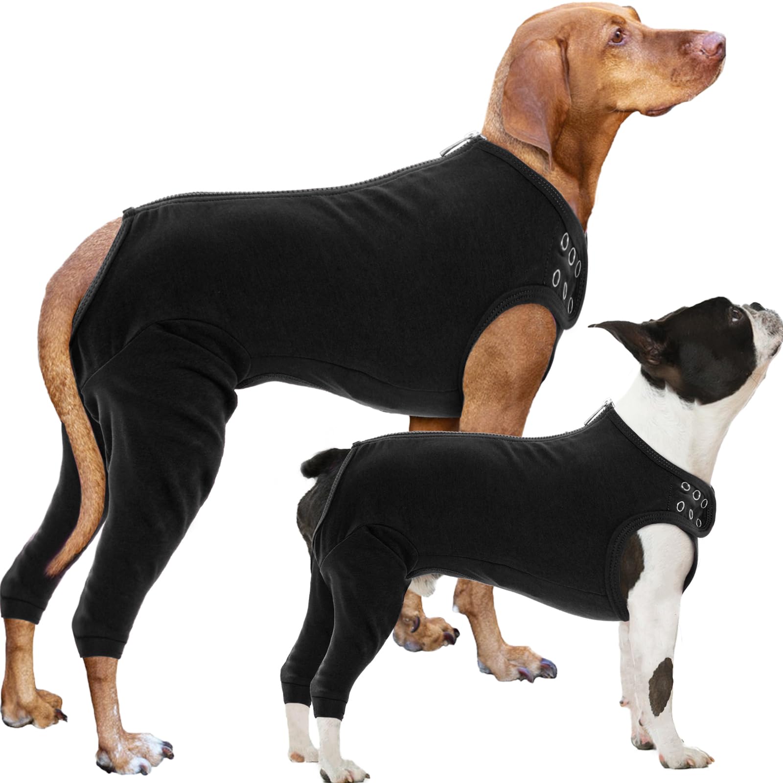 Nanaki dog wound care shirt front view with leg sleeve protection for wounds.