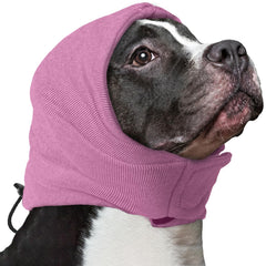 Nanaki soft dog calming hoodie ear wrap on a dog enhances comfort during loud events.