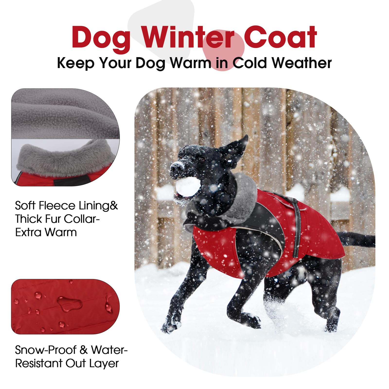Nanaki warm dog coat red back view shows reflective stripes for safer night outings.