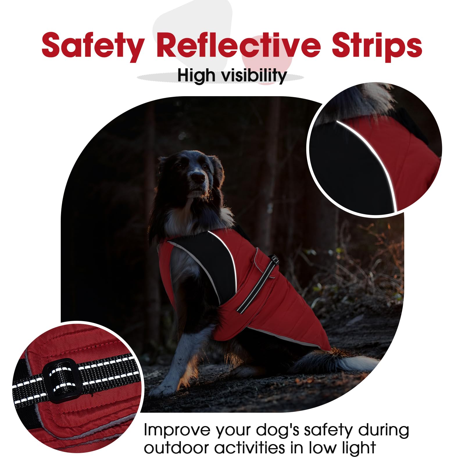 Nanaki warm dog coat red fleece collar adds plush warmth and comfort.