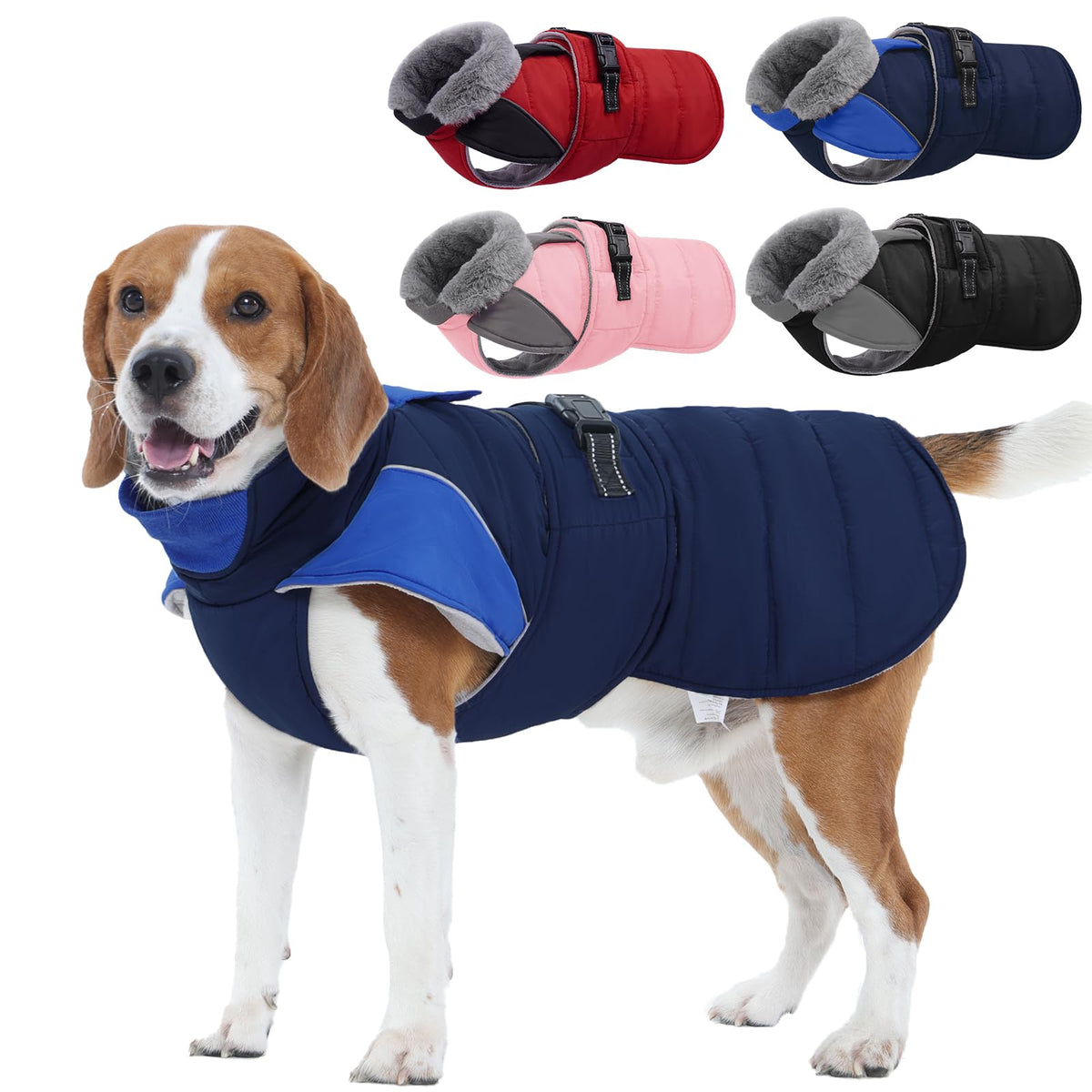 Nanaki warm fleece lined dog coat blue front view for cozy winter walks.