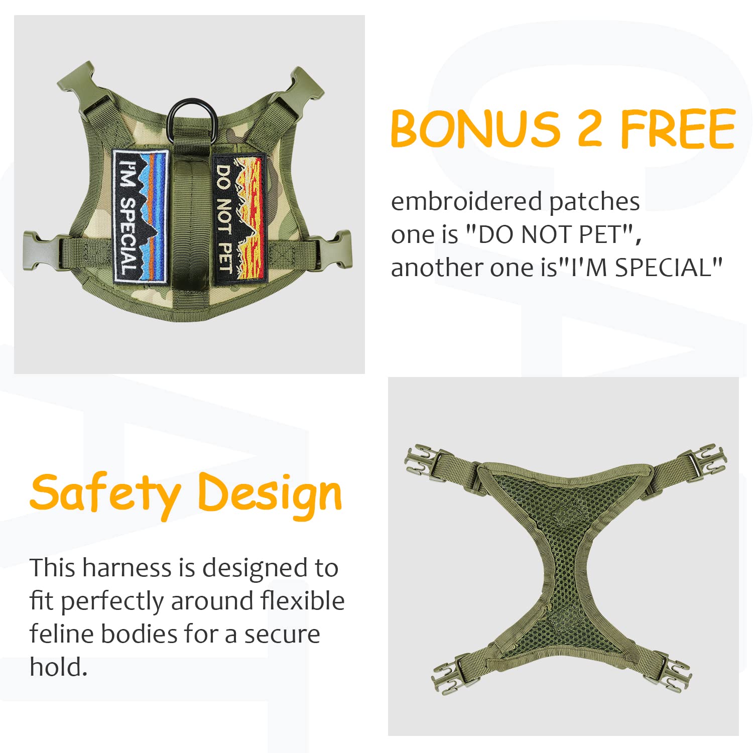 Nanappice tactical cat harness back strap demonstrates adjustable chest and neck access for a comfortable fit.
