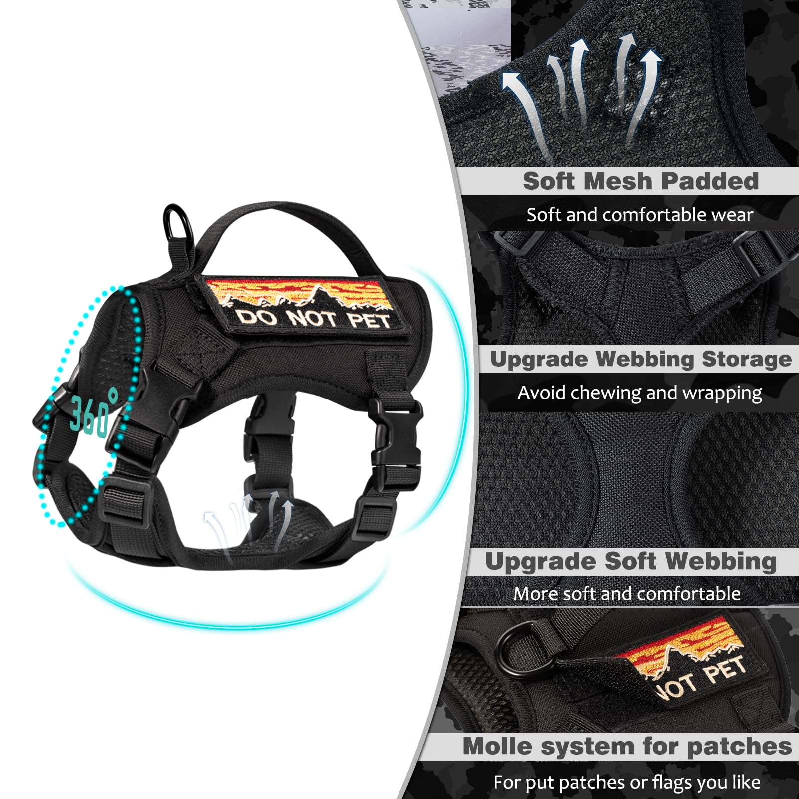 Nanappice tactical cat harness MOLLE patches area for patches and flags.