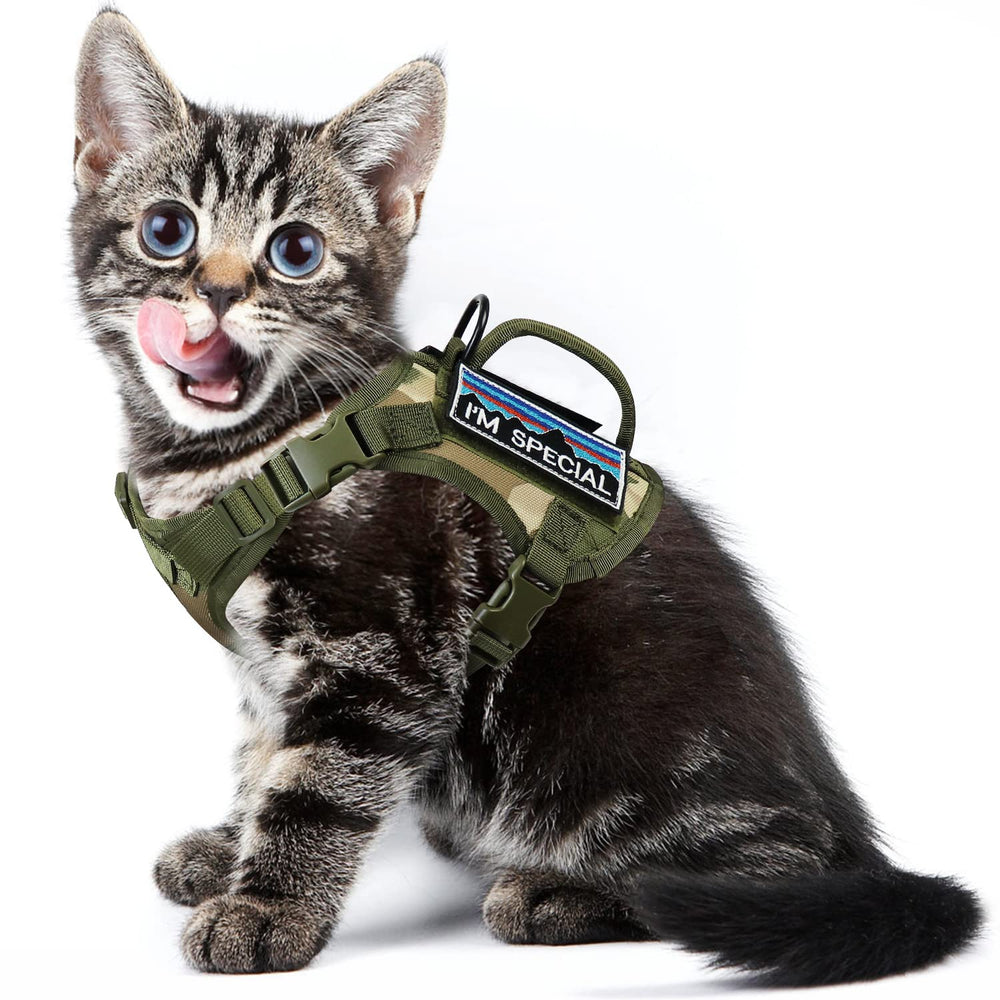 Nanappice tactical cat harness side view highlighting escape-proof fit for confident outdoor walks.