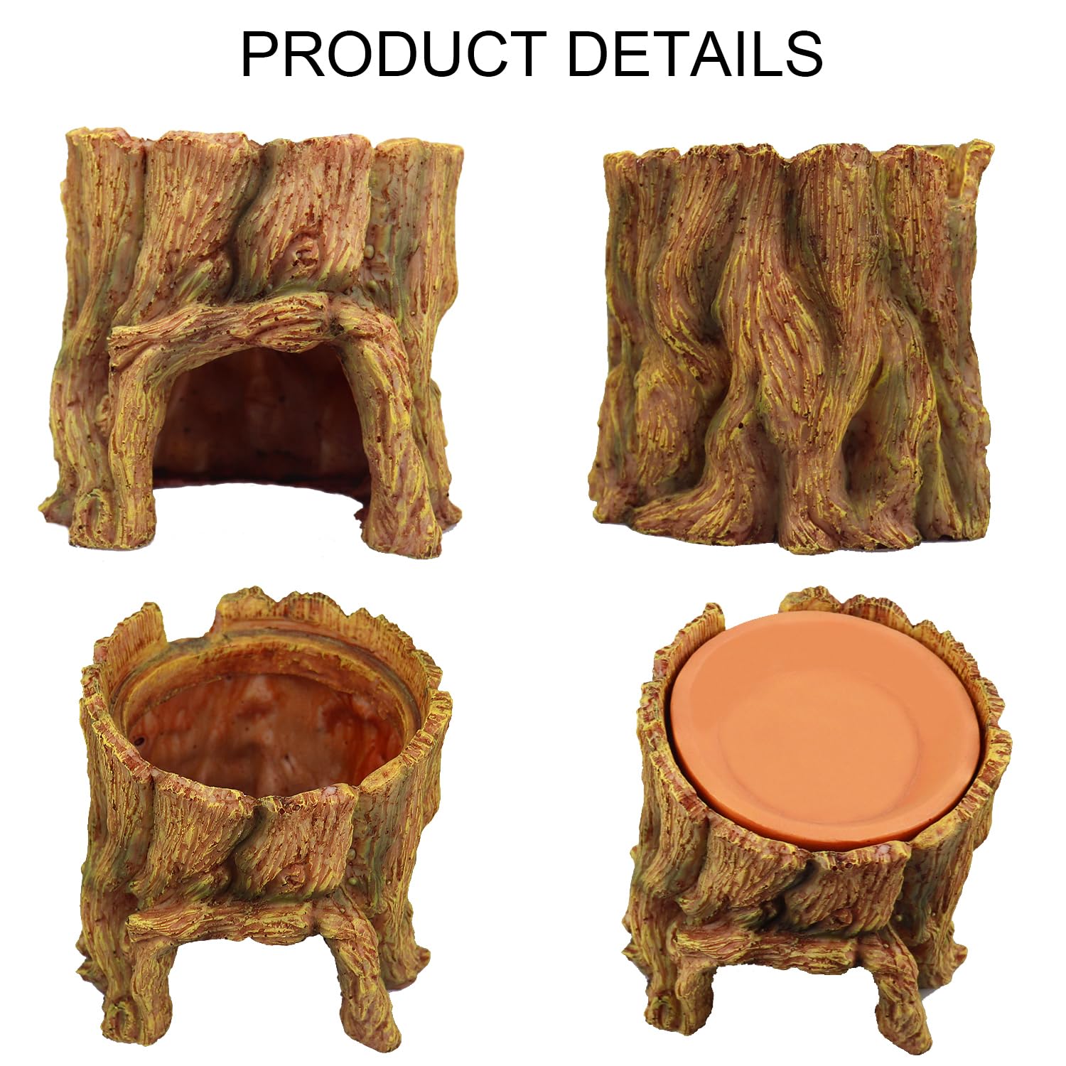 NANEEZOO terracotta water basin atop hide cave for easy hydration and humidity.