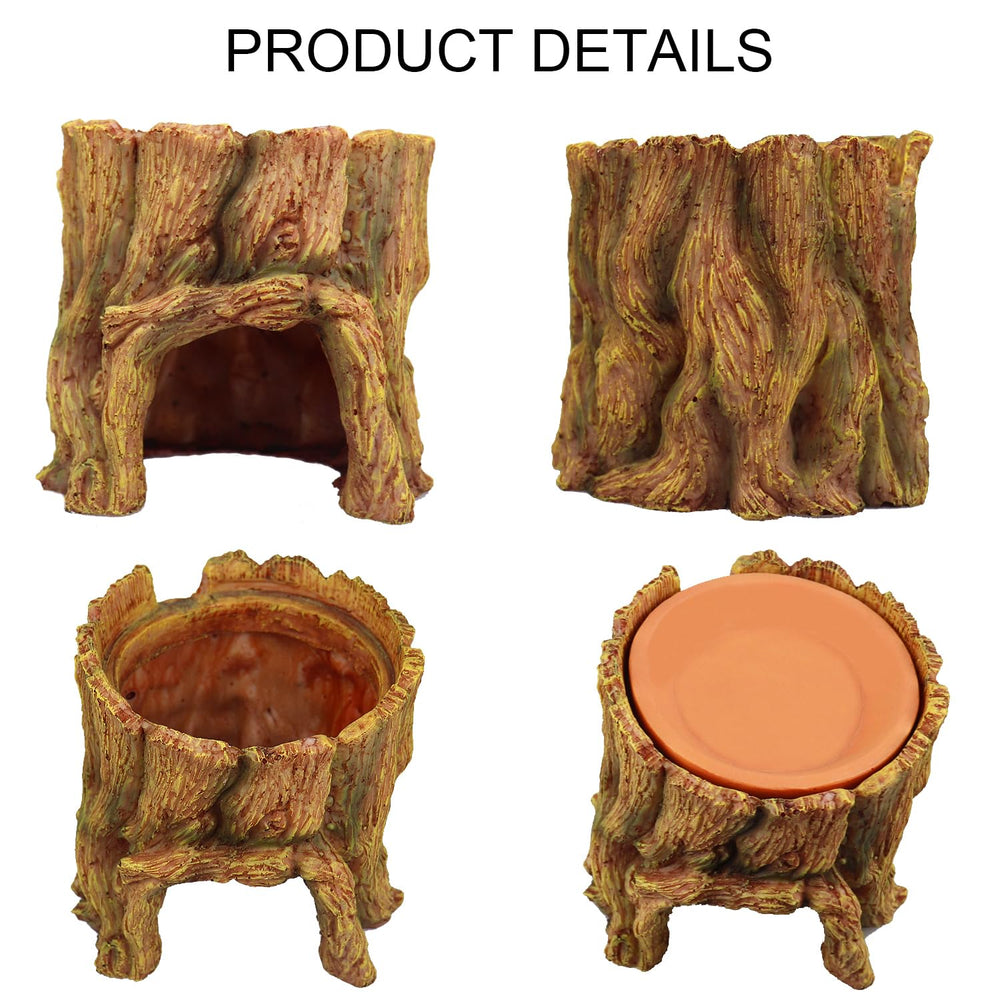 NANEEZOO terracotta water basin atop hide cave for easy hydration and humidity.