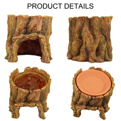 NANEEZOO terracotta water basin atop hide cave for easy hydration and humidity.