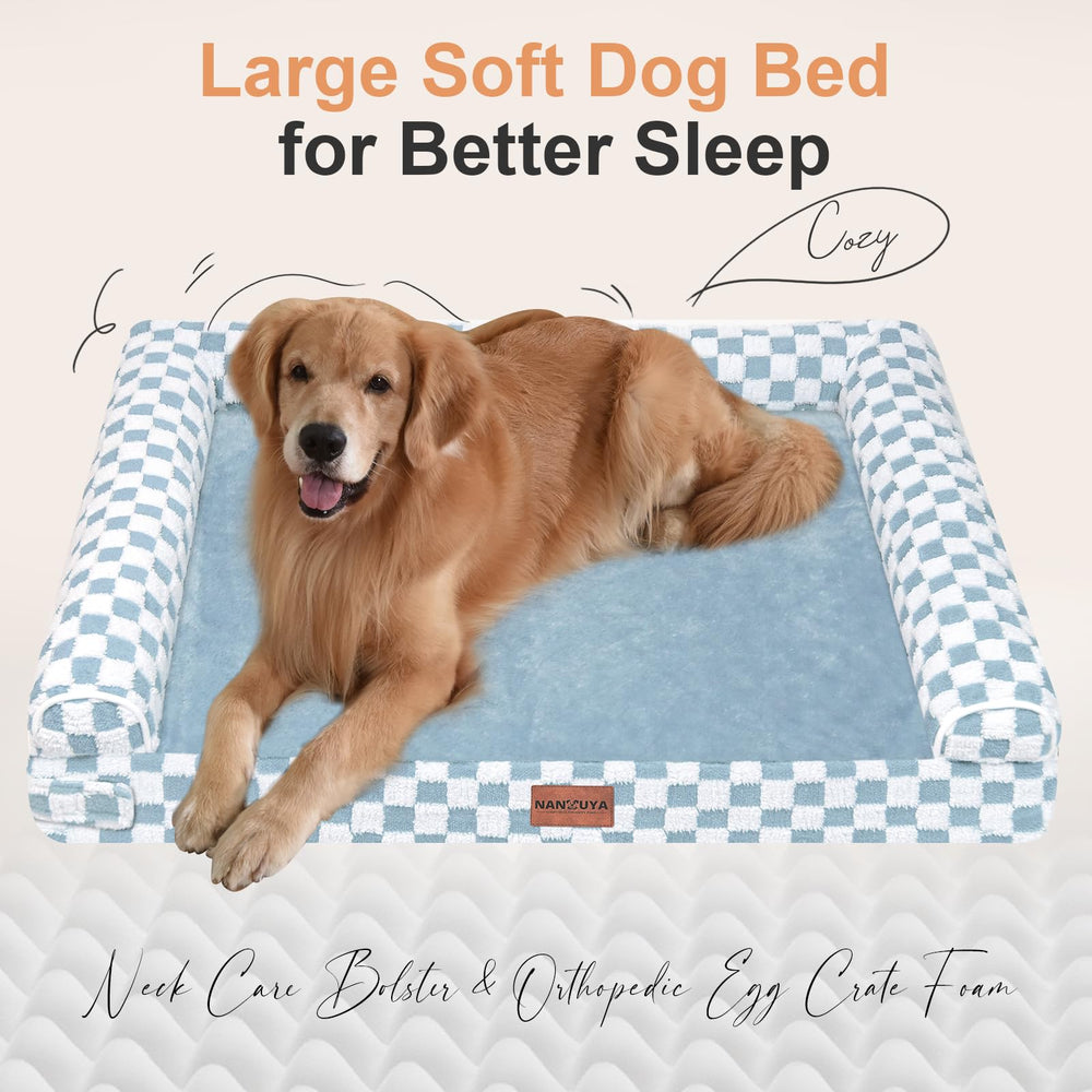 NANUYA blue-grid dog bed side view, stylish yet cozy for living spaces.
