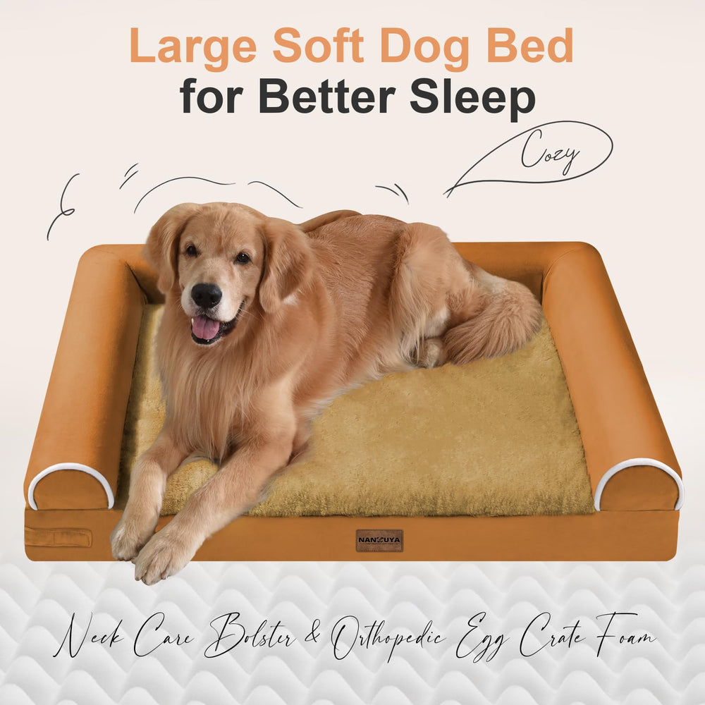 NANUYA dog bed orange with 3-sided bolster for secure snuggling.