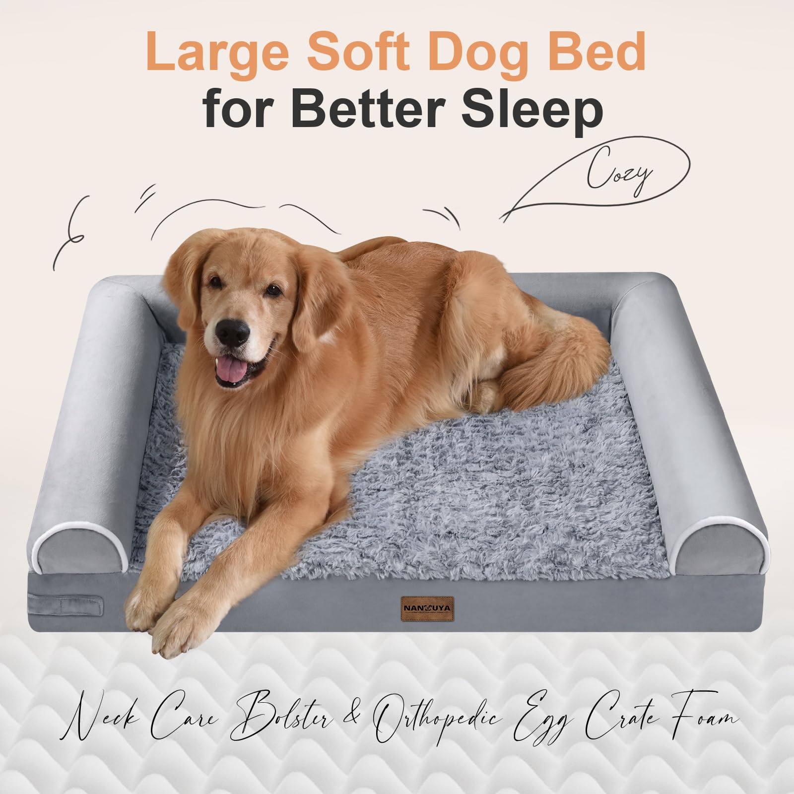 NANUYA dog bed with 3-sided bolster for secure snuggle