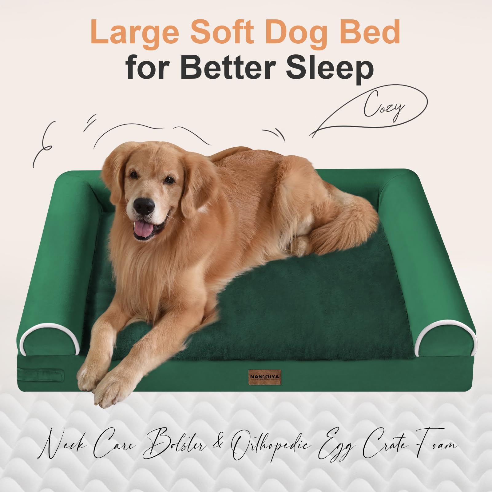 NANUYA orthopedic dog bed with 3-sided bolster for cozy head and neck support.