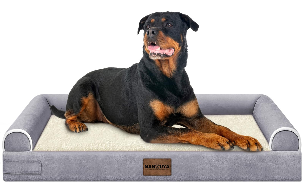 NANUYA large orthopedic dog bed with egg crate foam and purple cover for XXL comfort.