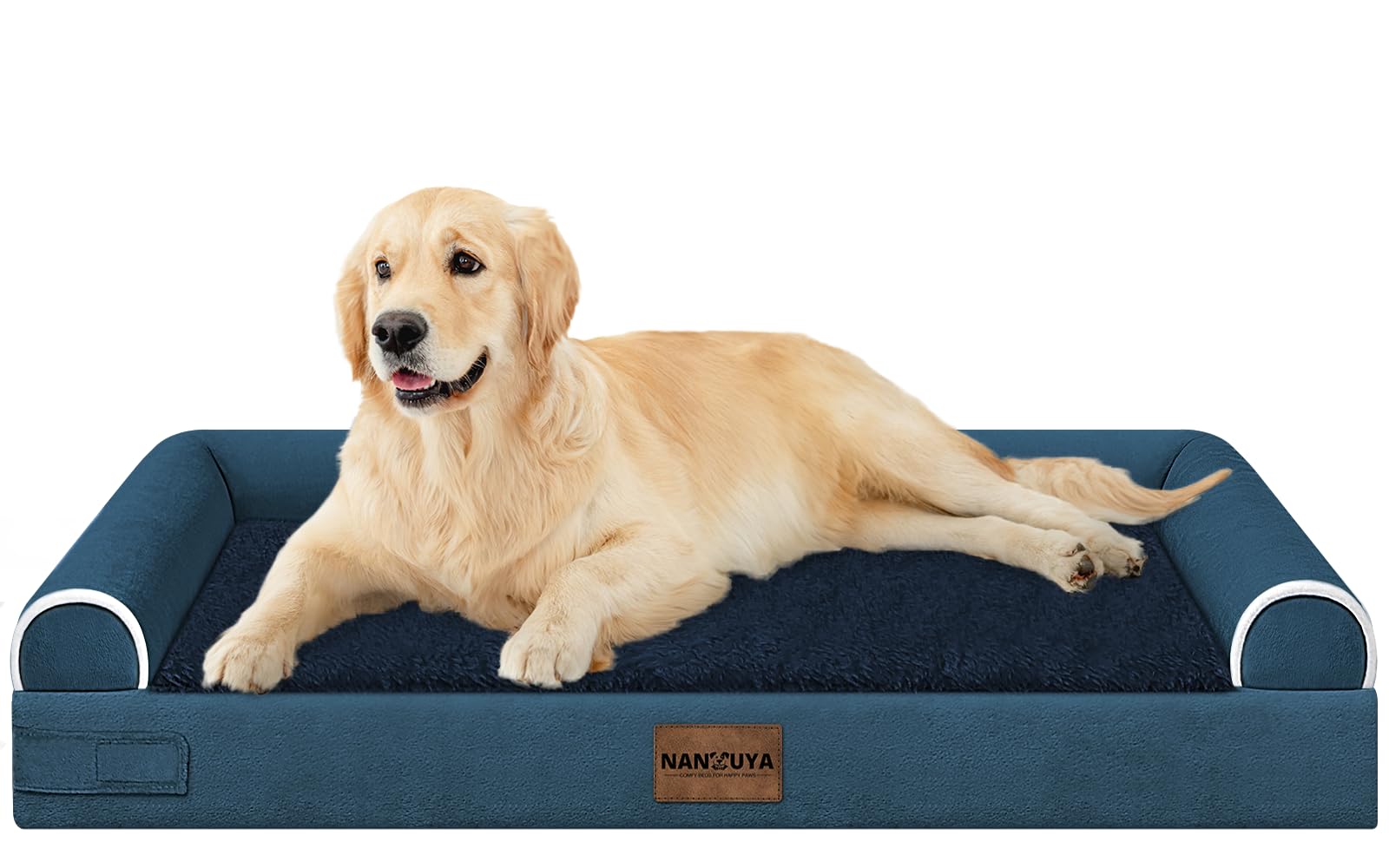 NANUYA large orthopedic dog bed with navy cover showing the foam surface for joint-friendly support.