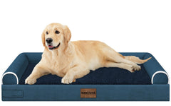 NANUYA large orthopedic dog bed with navy cover showing the foam surface for joint-friendly support.