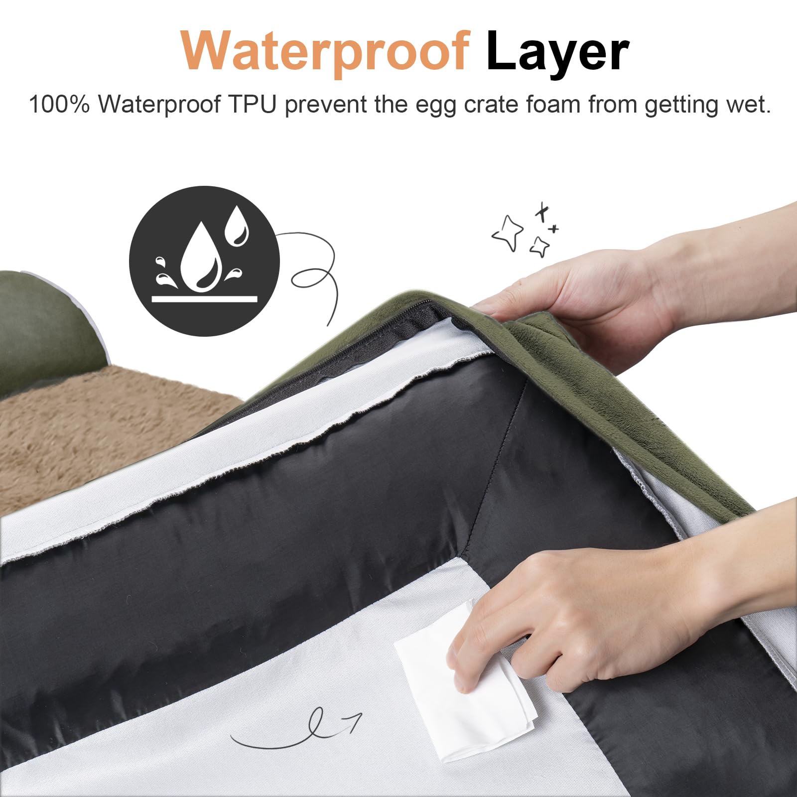 NANUYA large dog bed waterproof cover protects foam from spills and accidents.