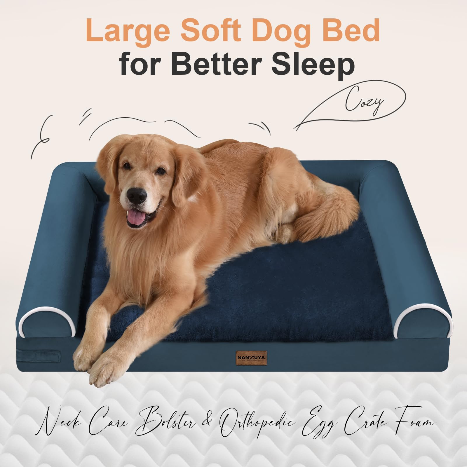 NANUYA large orthopedic dog bed navy cover showcases removable washable fabric.