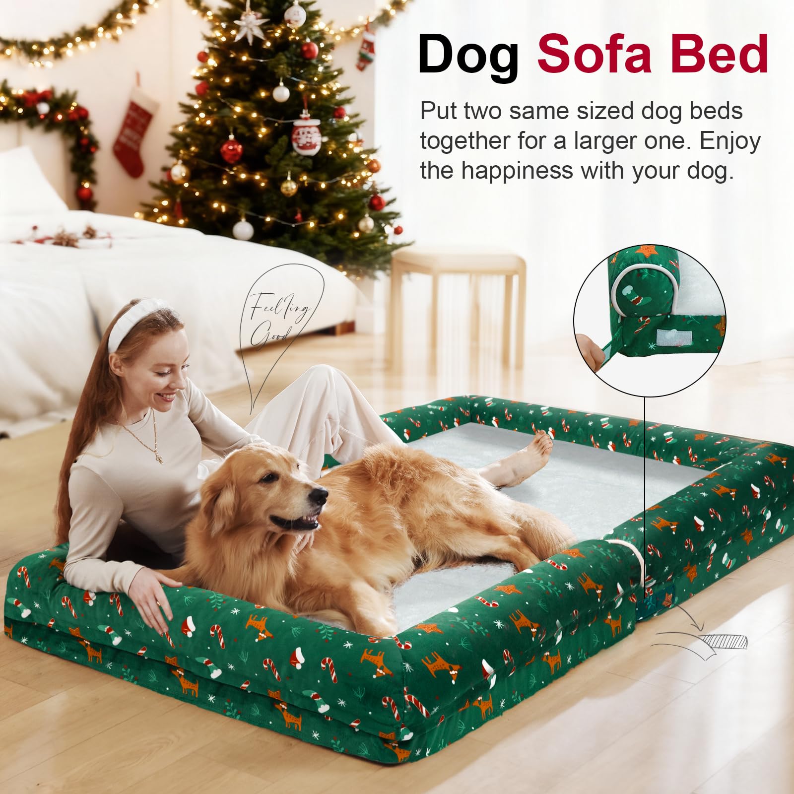NANUYA removable zippered cover on green dog bed for easy cleaning