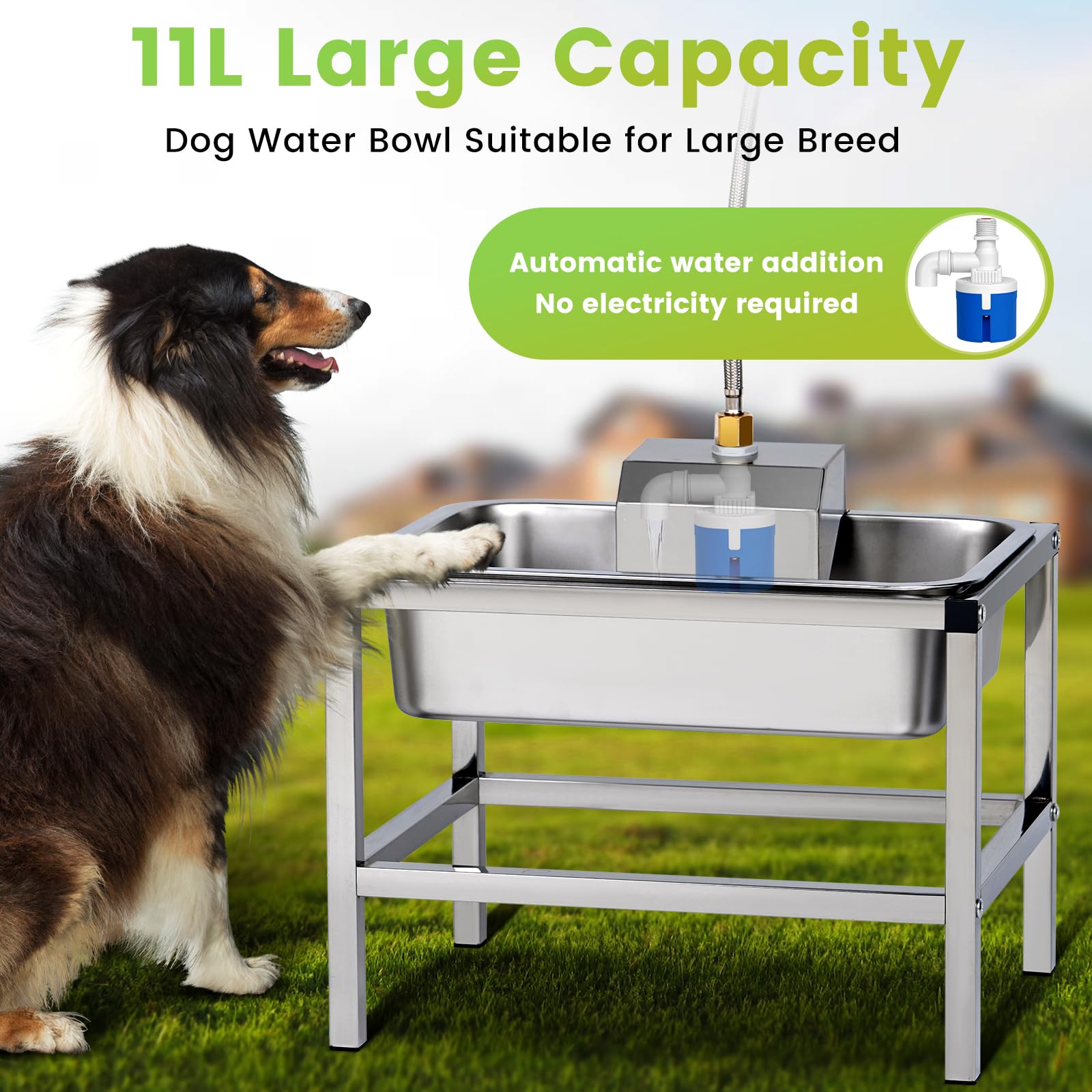 NAOEDEAH self-fill dog waterer with float valve ensures consistent outdoor water access.