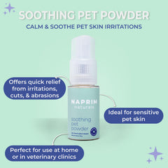 Naprim Naturals powder on a paw offering talc-free, fragrance-free care.