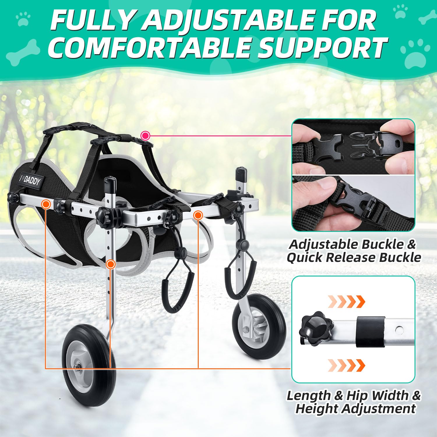 Nasjac dog wheelchair adjustable-structure supports fit for different sizes.