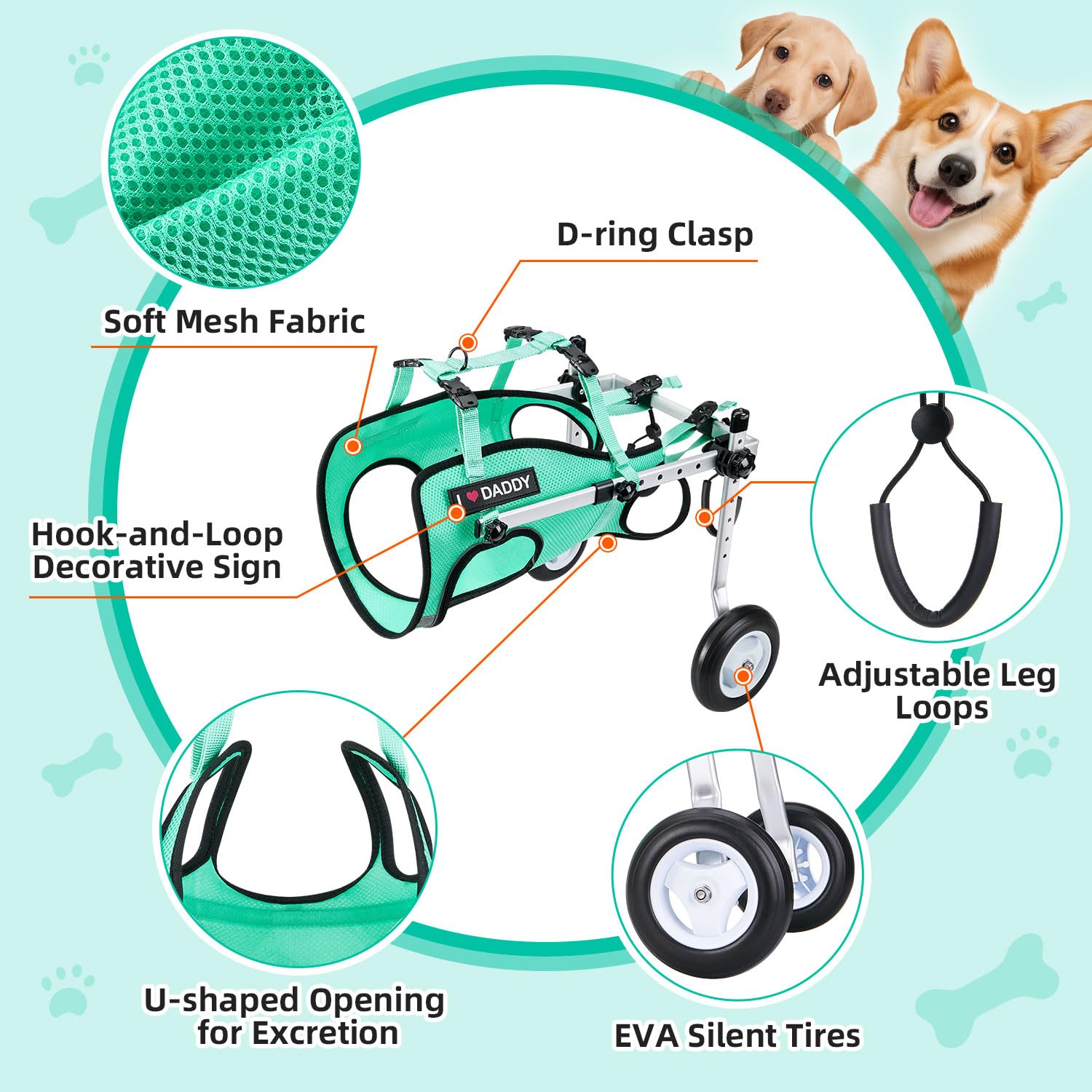 Nasjac dog wheelchair fully adjustable structure fits small to medium dogs.