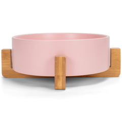 NAT AND JULES pink stoneware bowl with stand, front view, ideal for steady daily feeding.