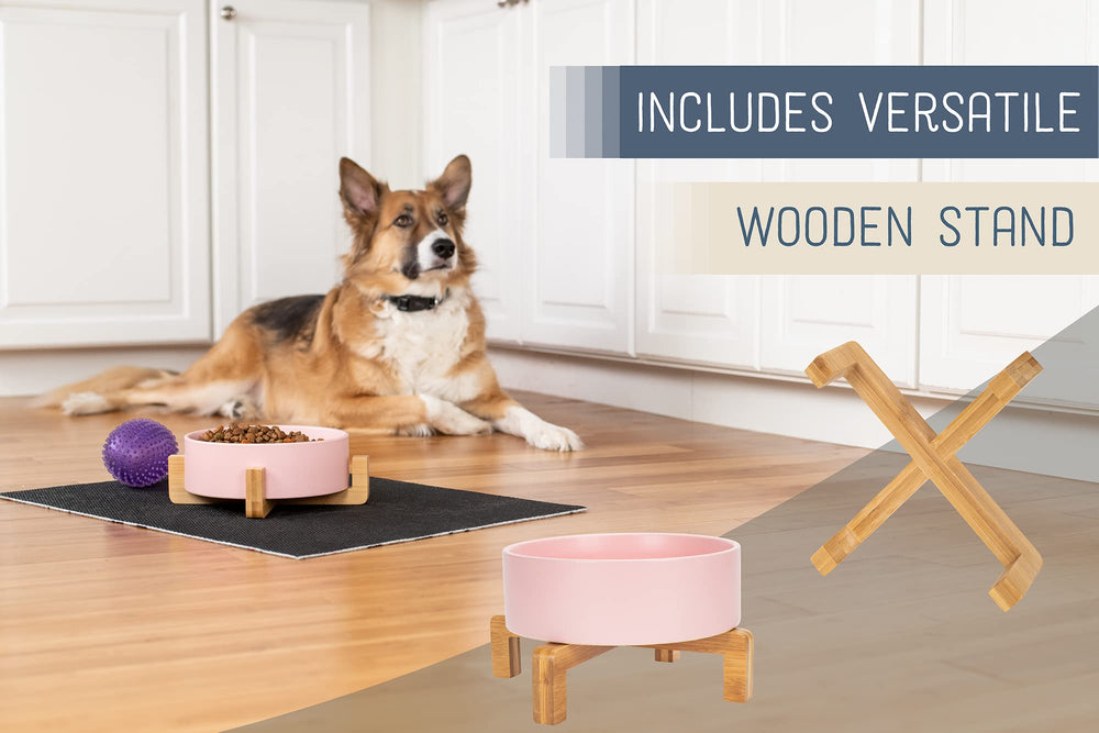NAT AND JULES pink stoneware bowl with wood stand, decorative accent for pet-friendly homes.