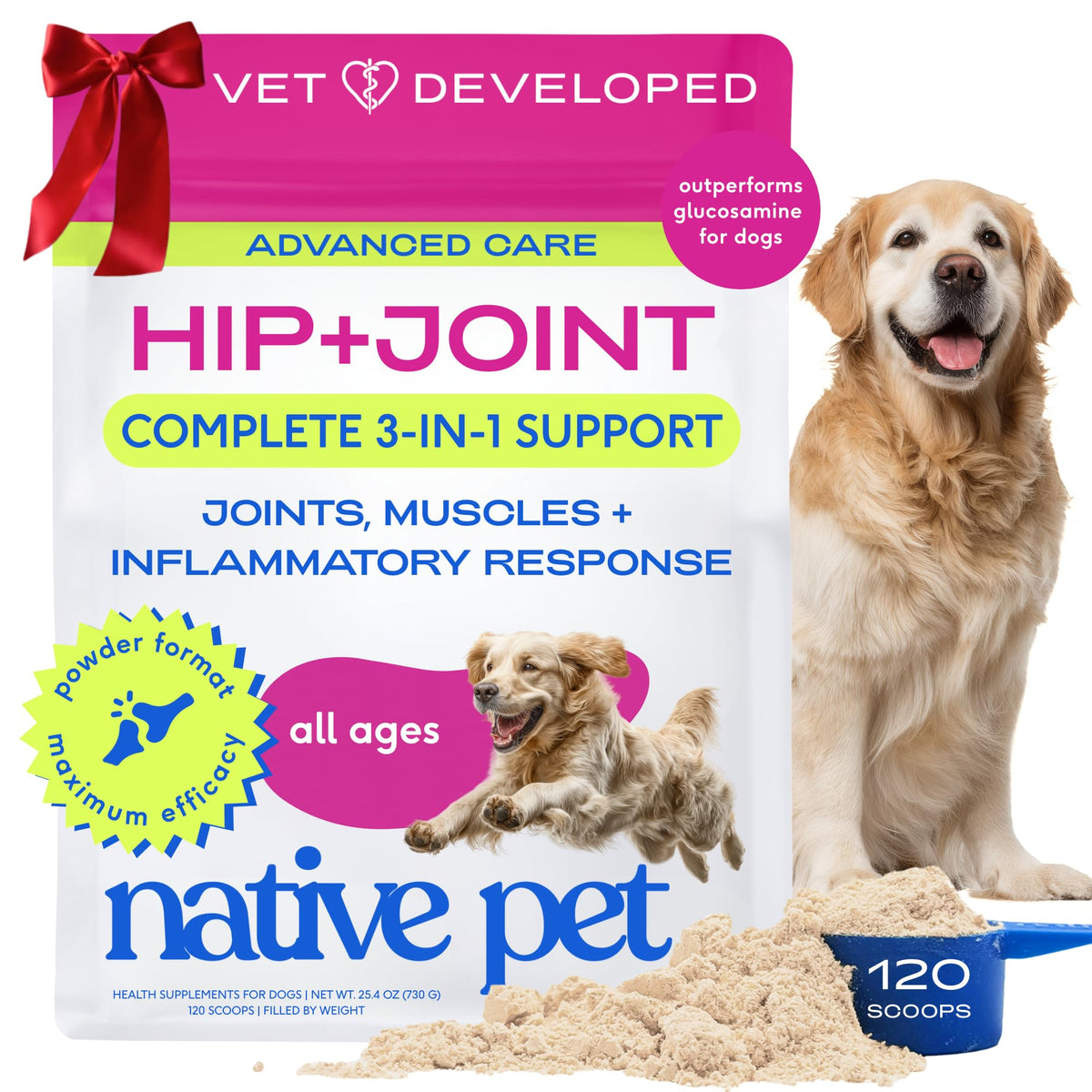 Native Pet Advanced Care dog joint powder dispensed into a bowl for mobility support.