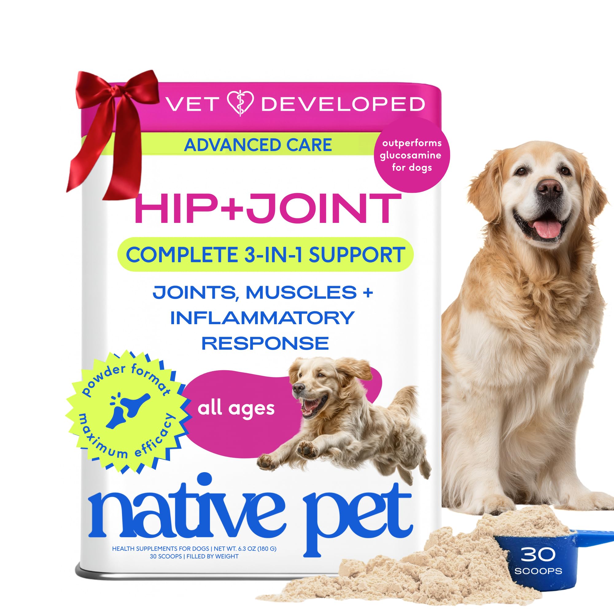 Native Pet Advanced Care hip joint powder blends into meals for steady joint support.