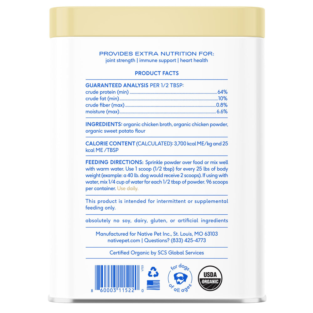 Native Pet bone broth powder on cat dish highlighting vet-formulated quality.